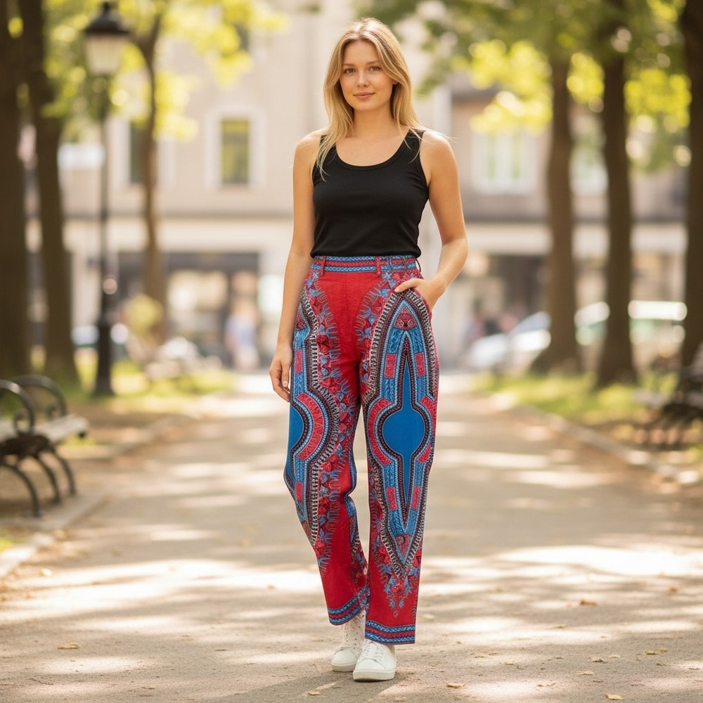 Handmade Dashiki Print Pants Womens 34 Red Blue Excellent African Tapered